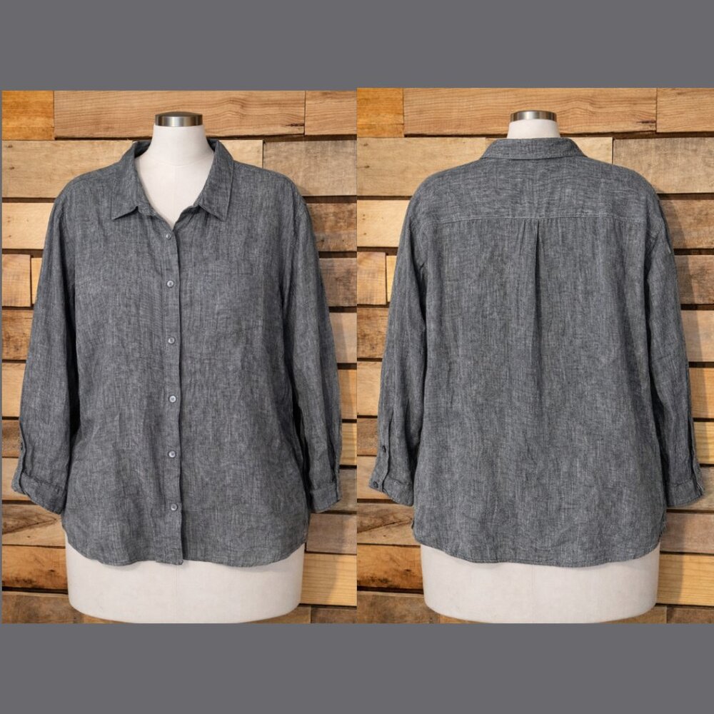 J. Jill Love Linen 100% Linen Gray Button Down Shirt Size L